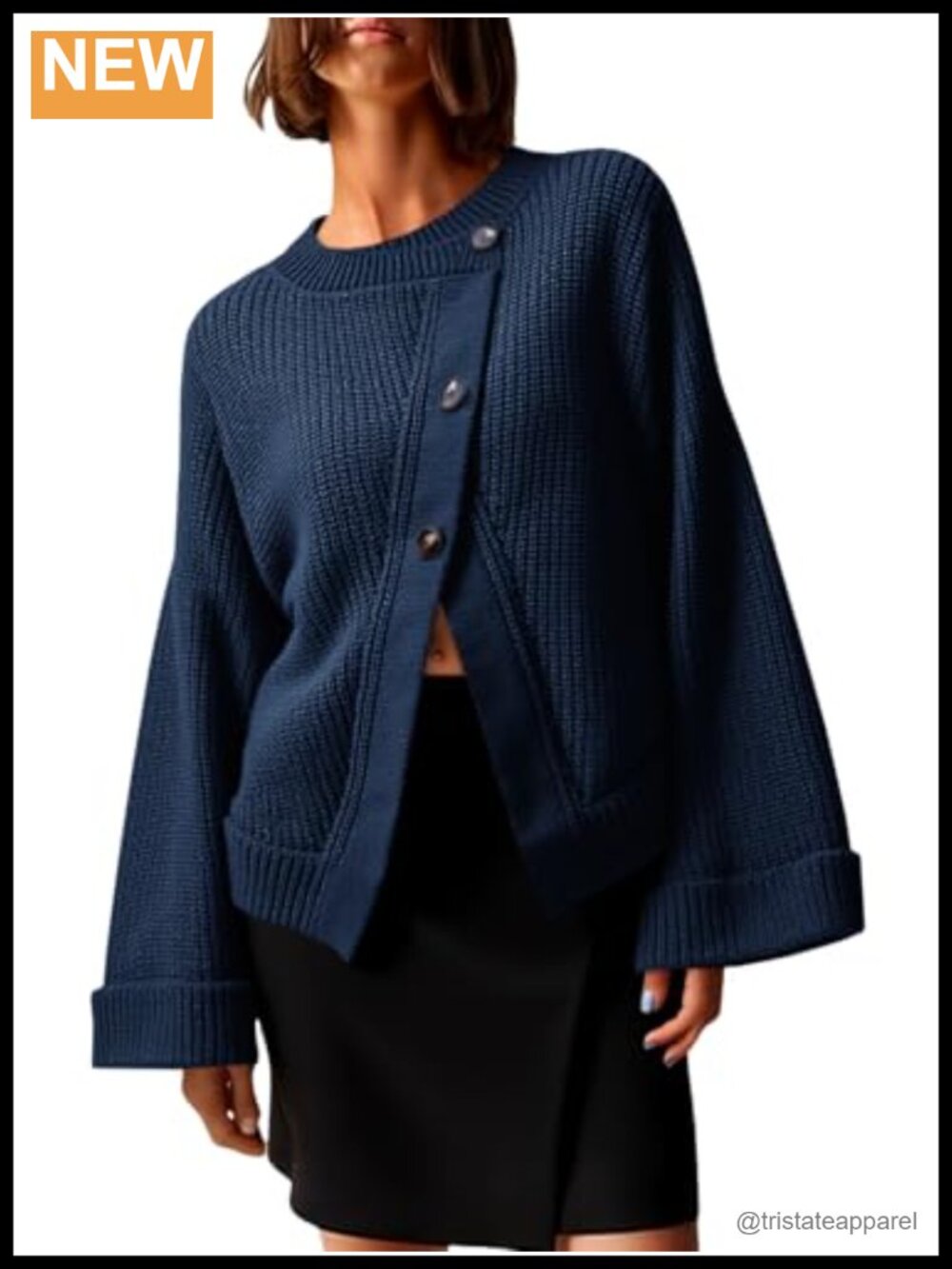 Womens Oversized Button Down Cardigan Sweater Long Sleeve Ribbed Knit Crewneck